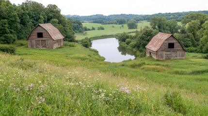 Obraz premium Two barns on a grassy hill overlooking a pond. Scenic rural landscape. Potential use Stock photo for nature, rural life, travel, or real estate
