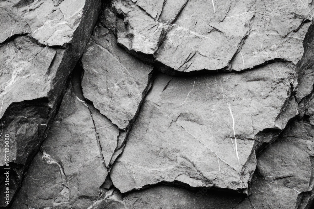 Poster A close-up shot of a rock face with intricate patterns, captured in monochrome