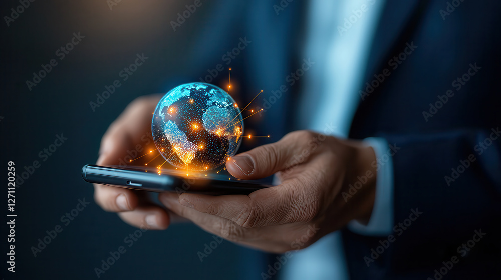 Poster person holding smartphone with digital globe representation, symbolizing global connectivity and technology. image conveys sense of innovation and international communication