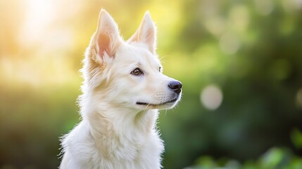 Naklejka premium Elegant white dog posing in lush green background with soft sunlight shining : Generative AI