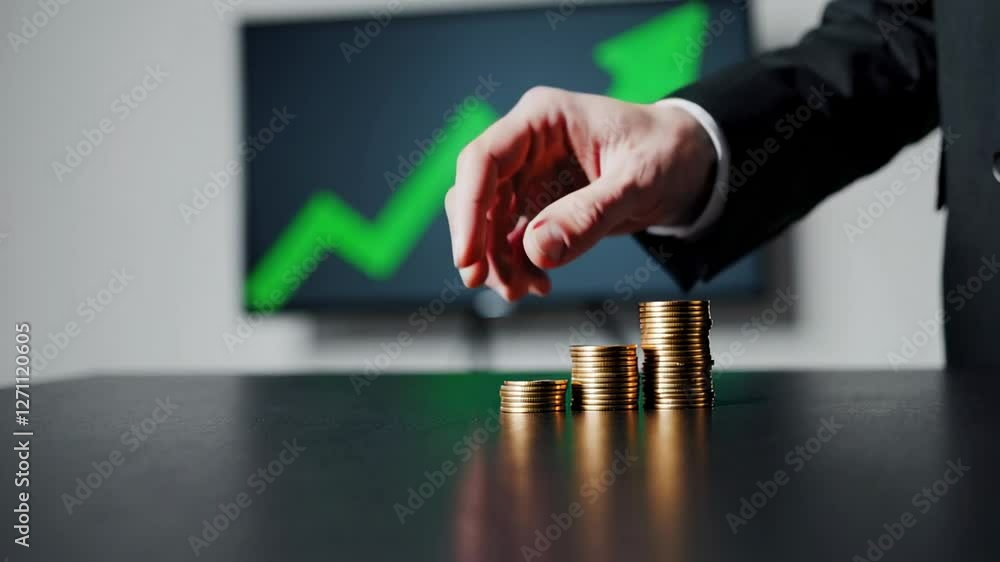 Poster businessman in a suit stacking gold coins on a desk with a monitor displaying a rising green arrow g