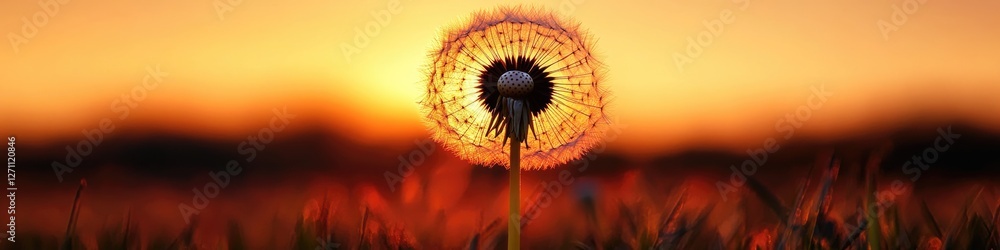 Poster a close-up of a dandelion with the sun setting in the background