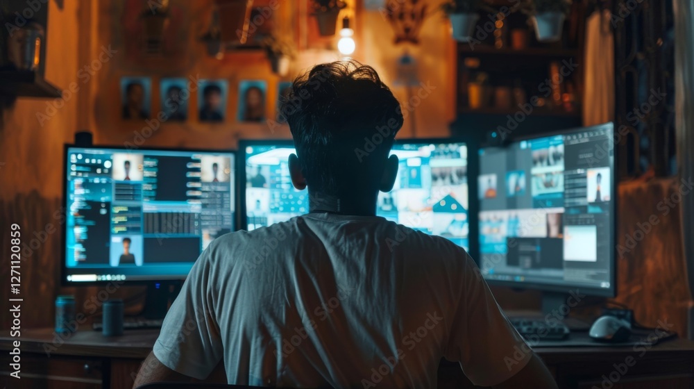 Poster Individual working intensely on multiple computer screens in a cozy, dimly lit workspace surrounded by plants and creative memorabilia showing focus on video editing.