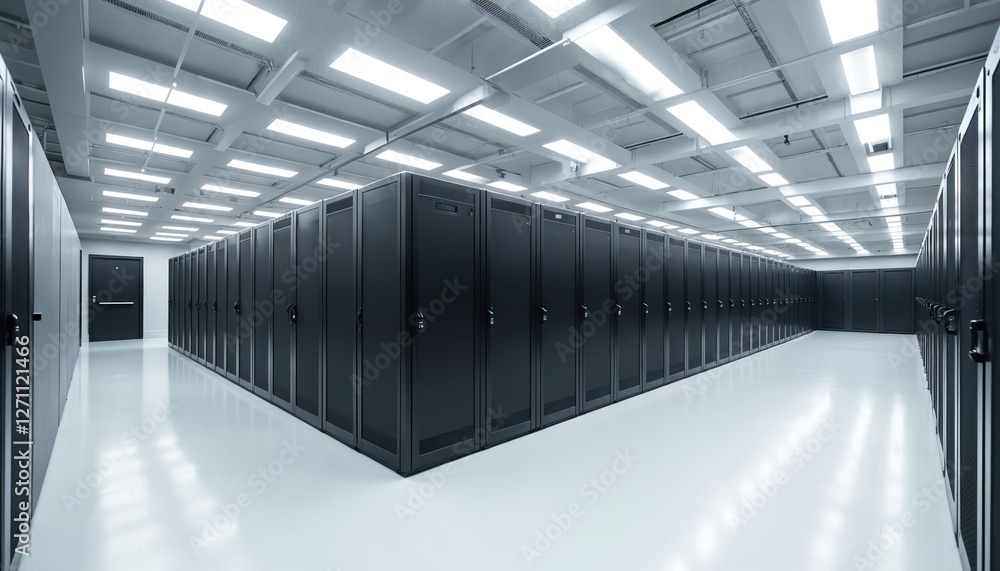 Poster server room with modern data processing storage center, advanced supercomputer tech, efficient infor