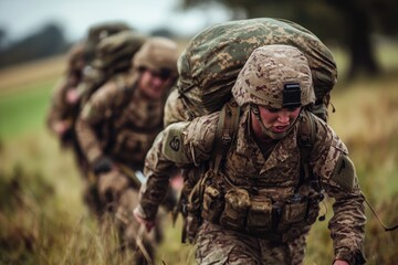 Group of soldiers walking through open terrain, possibly in training or deployment