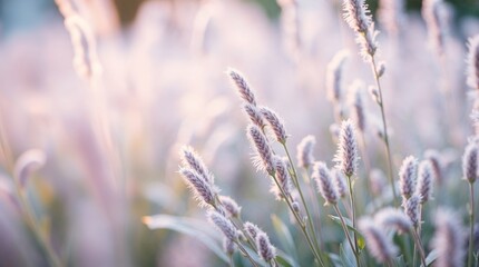 Naklejka premium Soft focus close-up of fluffy grass flowers illuminated by warm sunlight in a serene natural setting