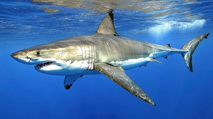 Fototapeta premium A Great White Shark swimming through clear blue waters, with sunlight filtering down from above and creating an ethereal glow around its body.