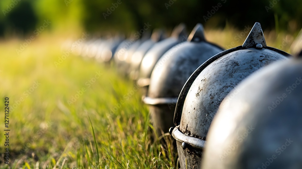 Poster antique iron objects arranged in a row showing historical craftsmanship on a sunny day : generative 
