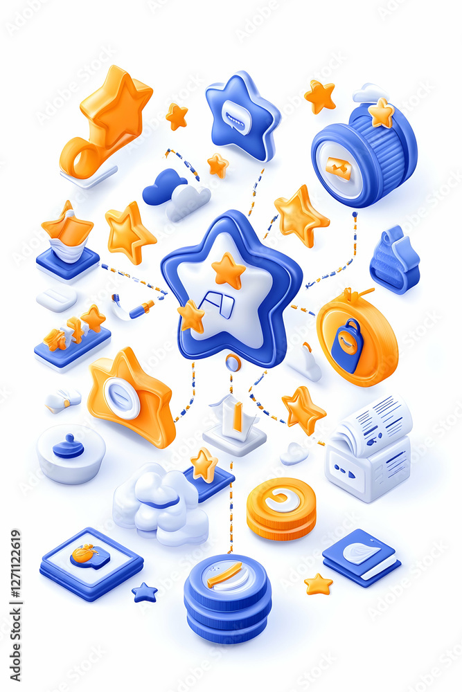 Poster illustration of star icon linking devices on white background for networking use