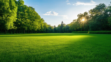 Obraz premium bright, untamed landscape of park featuring lush green grass and trees under clear blue sky, with sunlight streaming through leaves, creating serene atmosphere