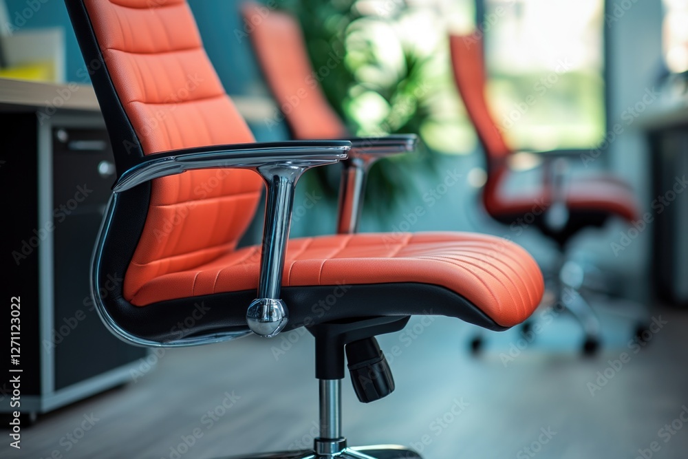 Poster a bright orange office chair sits in front of a modern desk, perfect for adding a pop of color to an