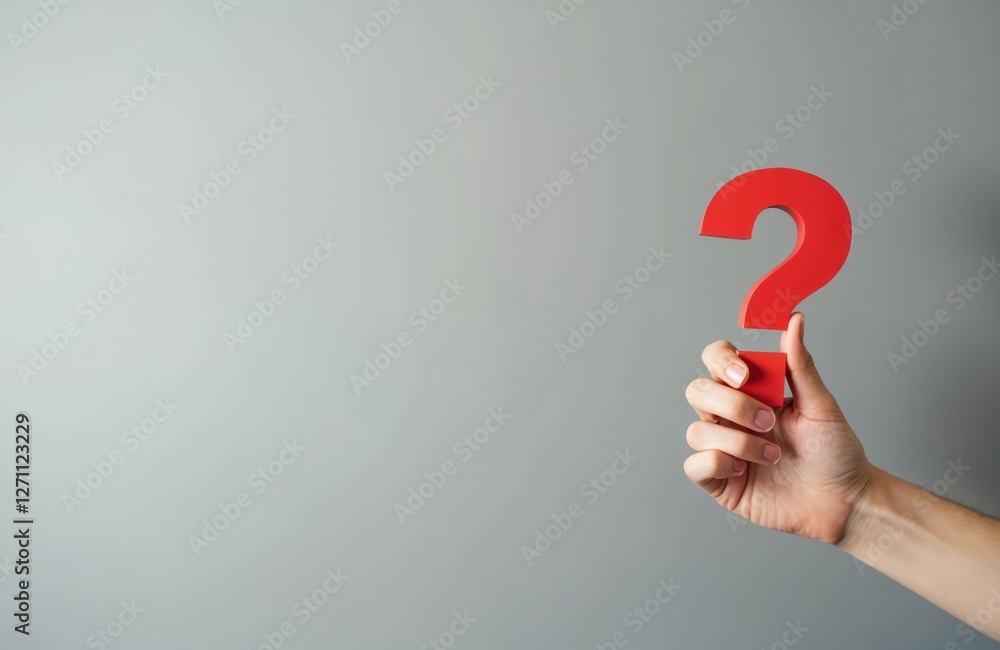 Poster hand holds big red question mark made of paper on clean solid background. asking, thinking concept. 