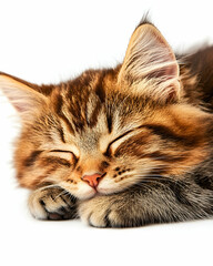Kitten sleeping peacefully on white background, for ads, posters, prints, design