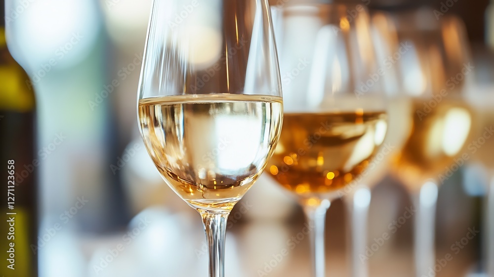 Poster closeup of white wine glasses shimmering in soft light creating a luxurious dining experience : gene