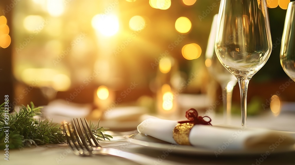 Aufkleber Elegant dining table setting with glasses and warm bokeh background creating a festive atmosphere : Generative AI