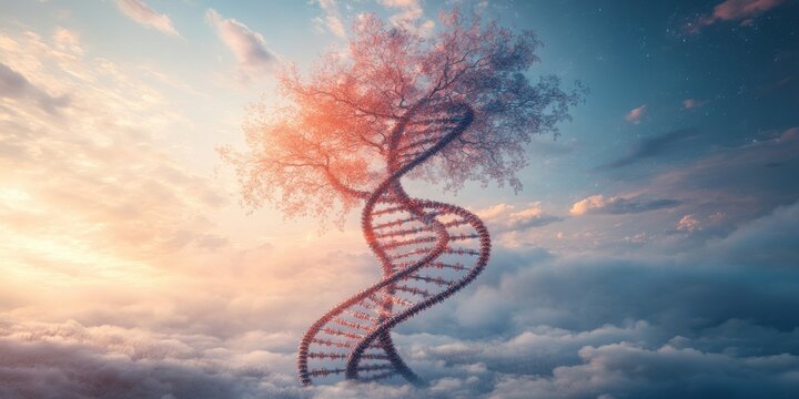 Innovative epigenetic inheritance pathways weaving molecular history into future generations showing swirling DNA tree of life against an ethereal sky