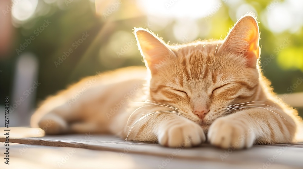 Poster sleepy ginger cat basking in warm sunlight while resting on a wooden surface outdoors in a peaceful 