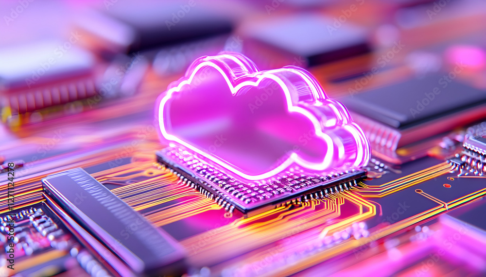Poster luminous cloud computing symbol on circuit board, tech future, data transfer