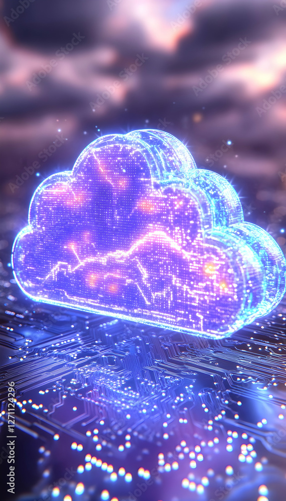 Poster luminous data cloud atop circuit board against a dreamy sky for tech projects