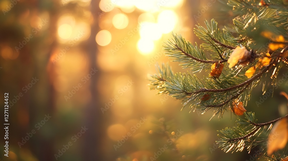Fototapete Sunlight filtering through pine branches creating a dreamy bokeh effect in a tranquil forest setting : Generative AI