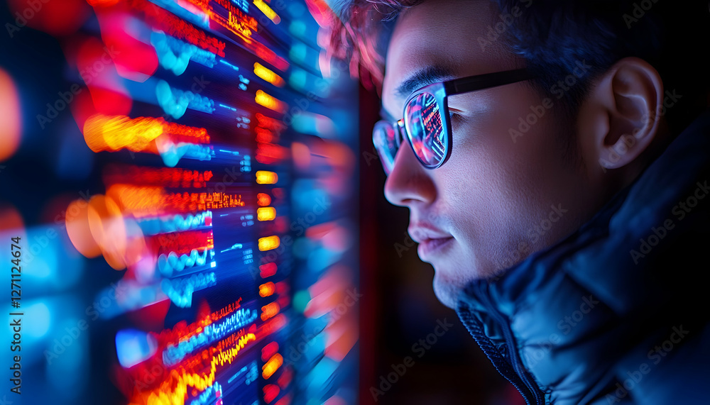 Poster man views stock chart analysis on a monitor, data reflected in glasses, indoors