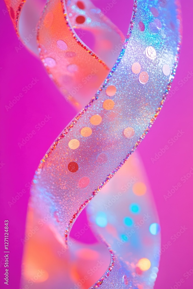 Poster A close-up shot of a shiny ribbon against a pink background, perfect for use in designs and graphics where a pop of color is needed