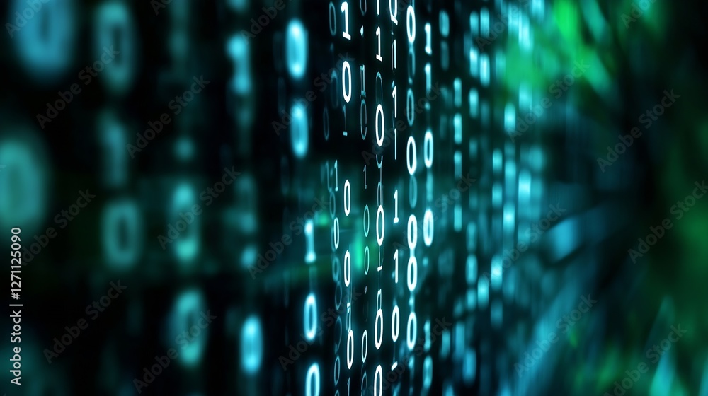 Leinwandbilder Stream of binary code flowing through an abstract digital landscape symbolizing data processing and technology : Generative AI