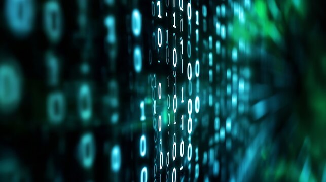 Stream of binary code flowing through an abstract digital landscape symbolizing data processing and technology : Generative AI - Powered by Adobe