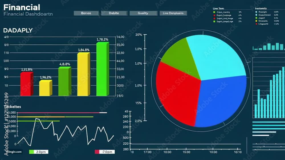 Poster Sophisticated financial dashboard revealing dynamic data analysis through animated pie charts, bar graphs, and line graphs in slow motion rendering, highlighting complex business intelligence