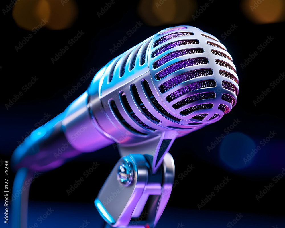 Poster microphone singing on stage with bokeh background for music event promotion
