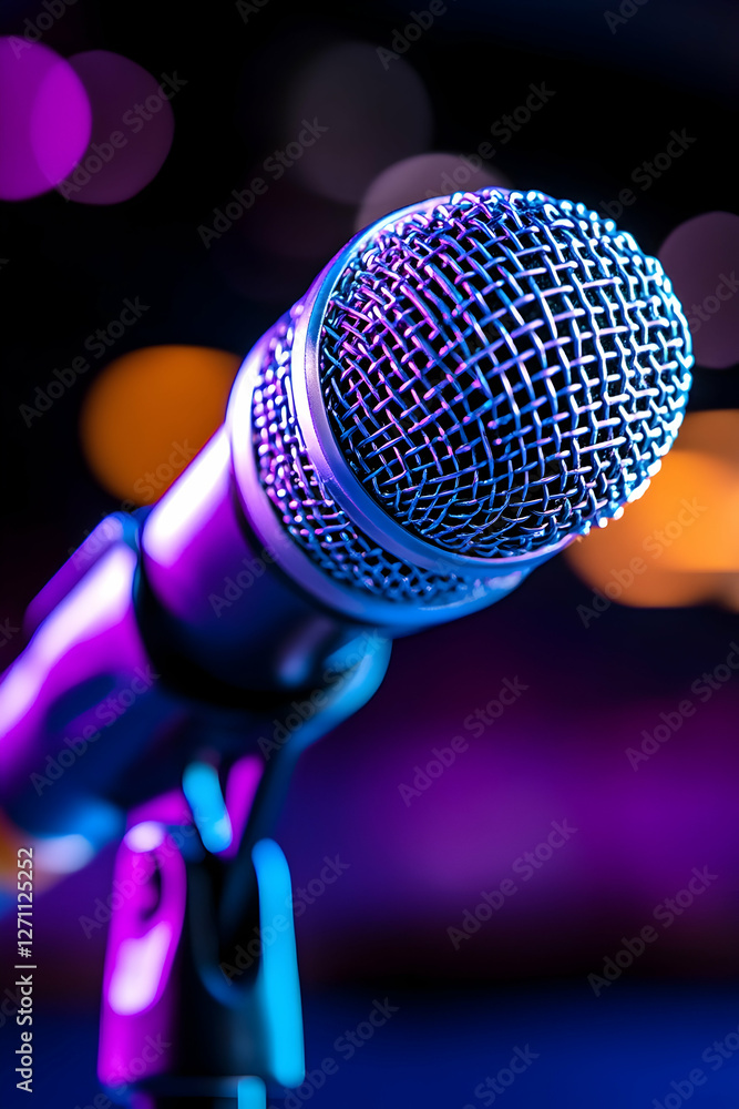 Poster microphone on stage, illuminated with vibrant bokeh lights for concert or event use