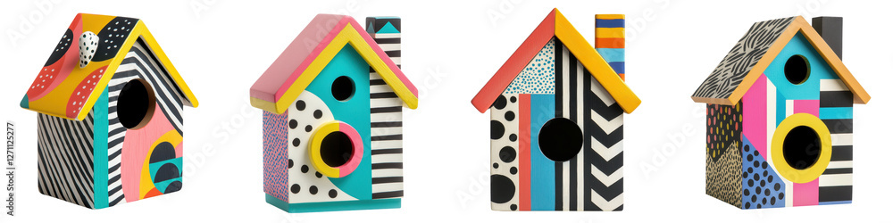 Poster a collection of brightly colored uniquely patterned and creatively designed miniature birdhouse stru