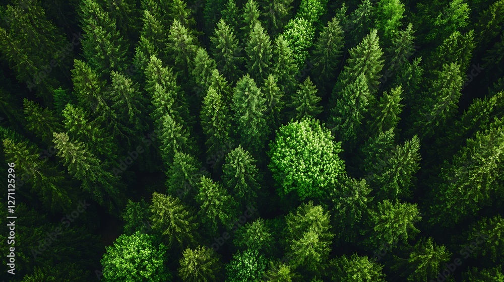 Poster aerial view of dense green pine forest with different shades of green in a tranquil landscape : gene