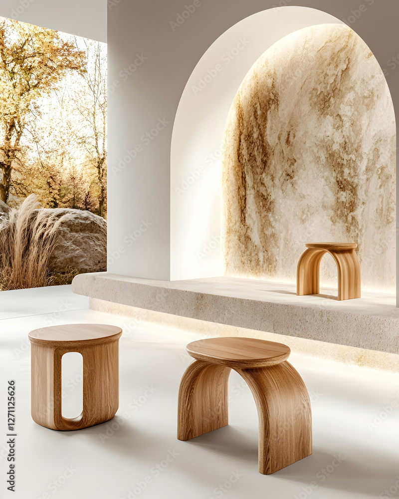 Aufkleber minimalist stools in a bright studio with a view of autumn trees. mockup