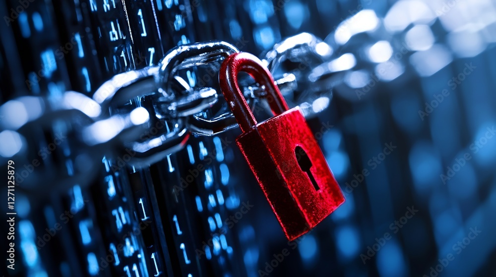 Poster illustration of a locked padlock on a digital chain for data security and cyber protection : generat