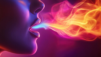 Obraz premium Dynamic audio waves emitting from mouth studio setting digital art vibrant environment close-up perspective