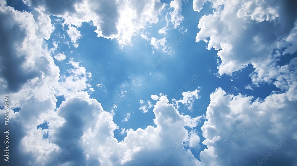 Poster Majestic view of a bright blue sky filled with fluffy clouds creating a serene and calming atmosphere : Generative AI