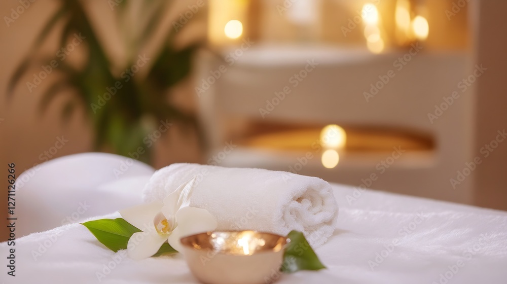 Poster spa relaxation area with plush towel and flower on massage table : generative ai