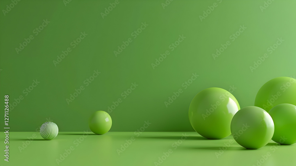 Poster various green spheres of different sizes arranged on a smooth green surface with a minimalist backgr