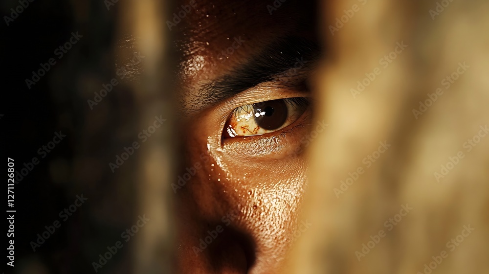 Poster intimate closeup portrait of a man revealing a single expressive eye through a narrow gap : generati