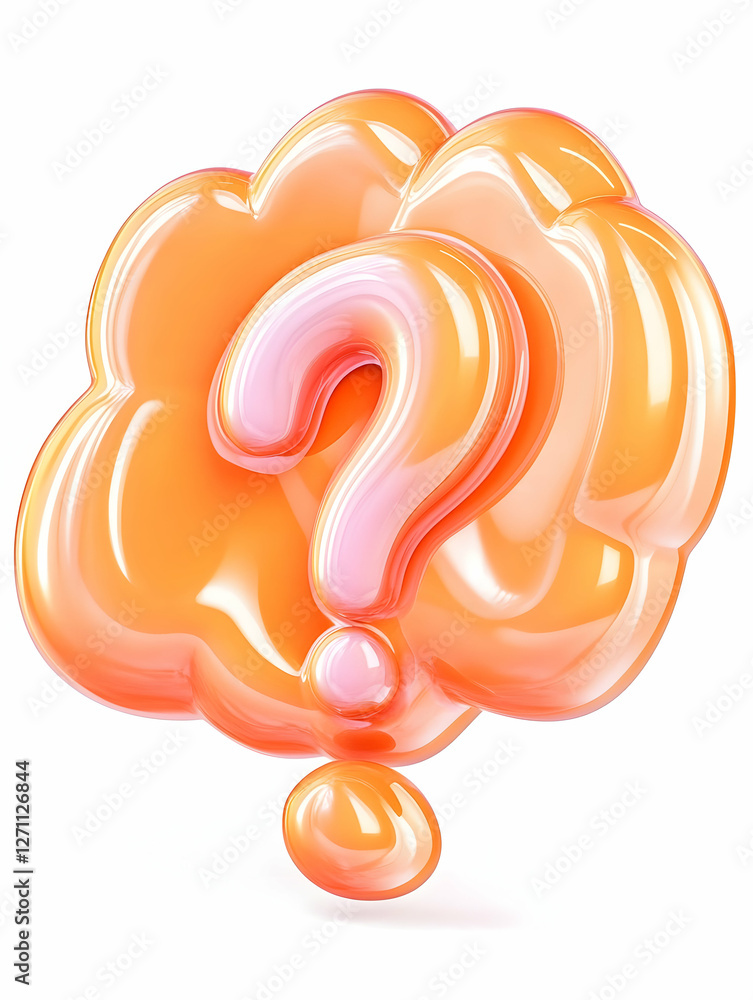 Poster orange brain with question mark reflecting idea; for learning or problem solving