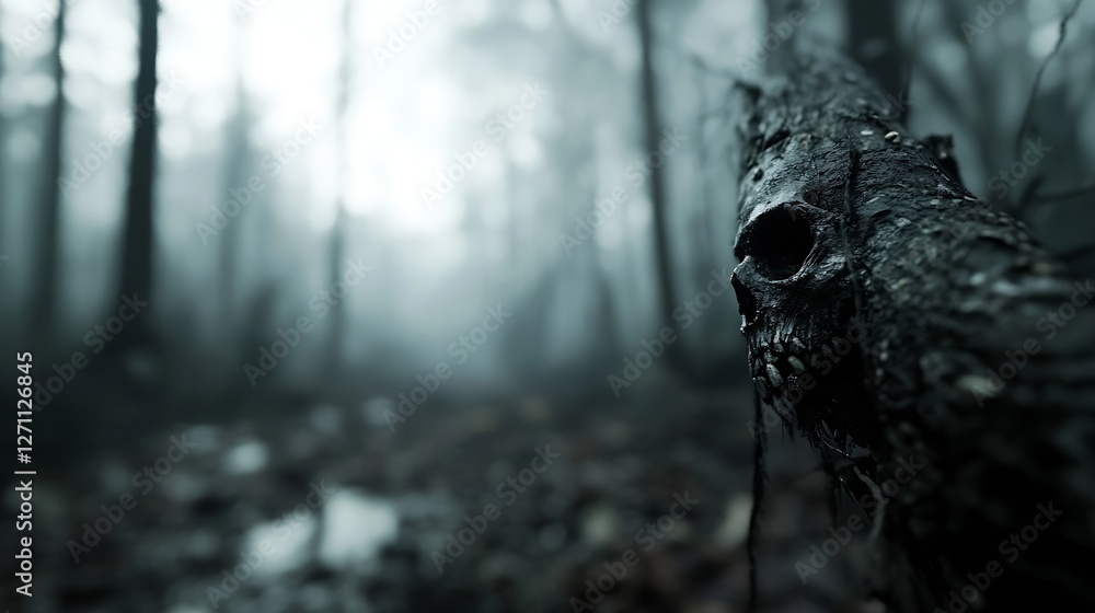 Aufkleber eerie and mysterious forest scene featuring a skull embedded in a tree log : generative ai