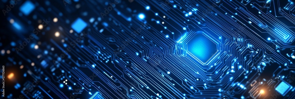 Poster abstract glowing circuitry detail of a futuristic microchip, advanced technology design