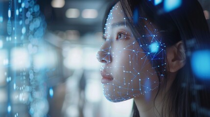 A woman engages with cutting edge digital interfaces, showcasing glowing data streams and facial recognition symbols in a modern, tech driven environment.