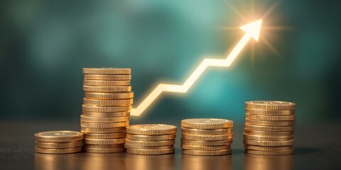 Financial Growth: Stacks of golden coins climb towards a rising arrow, symbolizing growth and progress. This photorealistic image depicts success in finance and investments.