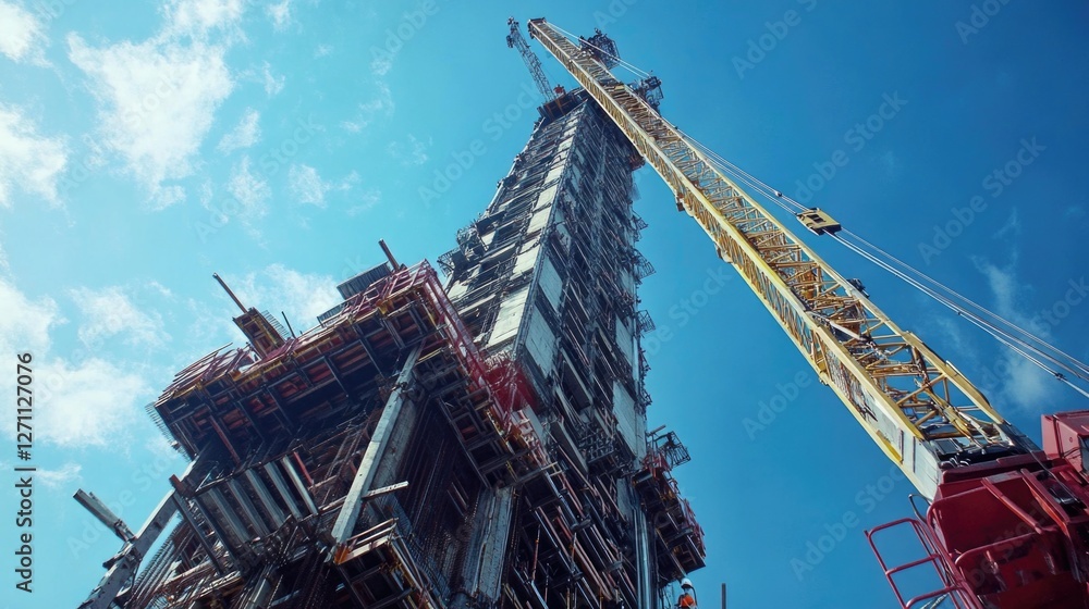 Poster a crane stands next to a building under construction, offering a glimpse into the progress of the si