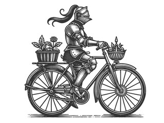Obraz premium medieval knight in armor riding a bicycle with horse head, humorous style sketch engraving generative ai vector illustration. Scratch board imitation. Black and white image.