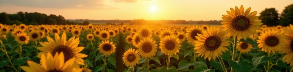 Obraz premium Evening sunlight casting long shadows on sunflower fields, flowers, landscape