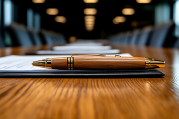 Pen resting on document, meeting room. Idea generation for strategic planning