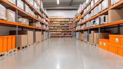Obraz premium Well-Organized Warehouse Interior with Orange Bins and Cardboard Boxes
